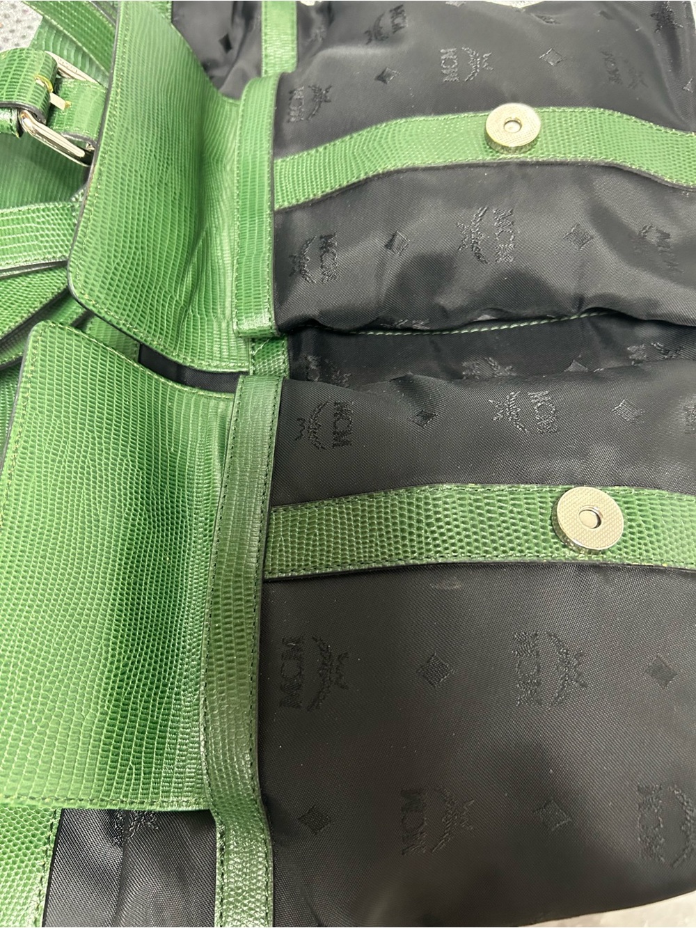 NUTS - MCM  Nylon Tote w/Green Leather Trim & Silver Plaque 14 x 10 x 5 w/COA - Picture 10 of 17